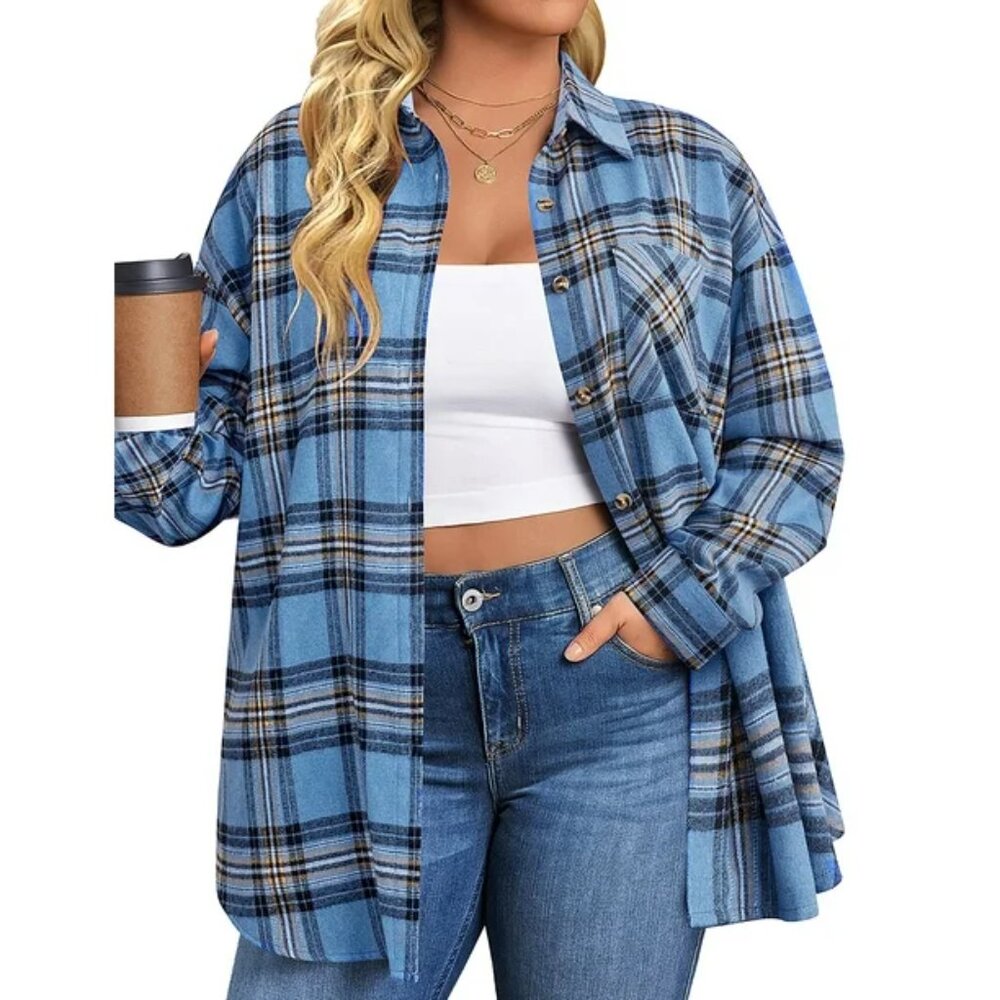 NEW Fantaslook Women's Oversized Flannel Plaid Shirts Blue Large